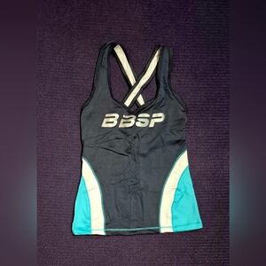 Bebe Sport Logo Dark Grey/White/Teal Criscross Tank w/Shelf Bra - XS/Petites.